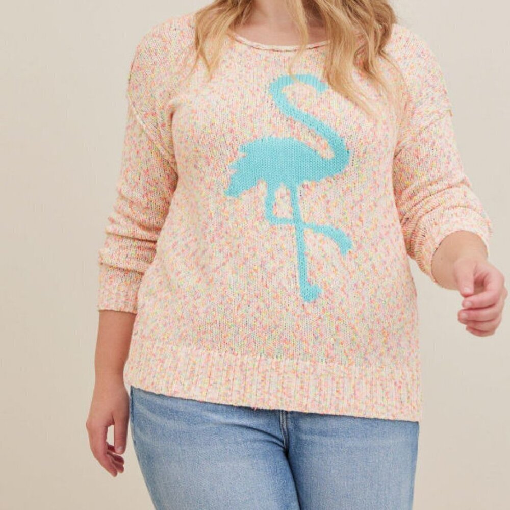 Torrid Speckled Knit Flamingo Sweater Size 2X Relaxed Pullover Beachy Coastal